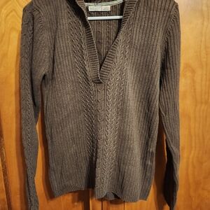 Brown Cable Knit V-Neck Sweater